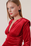 Pattaya Kadın V Yaka Drapeli Kadife Elbise P22W185-2985
